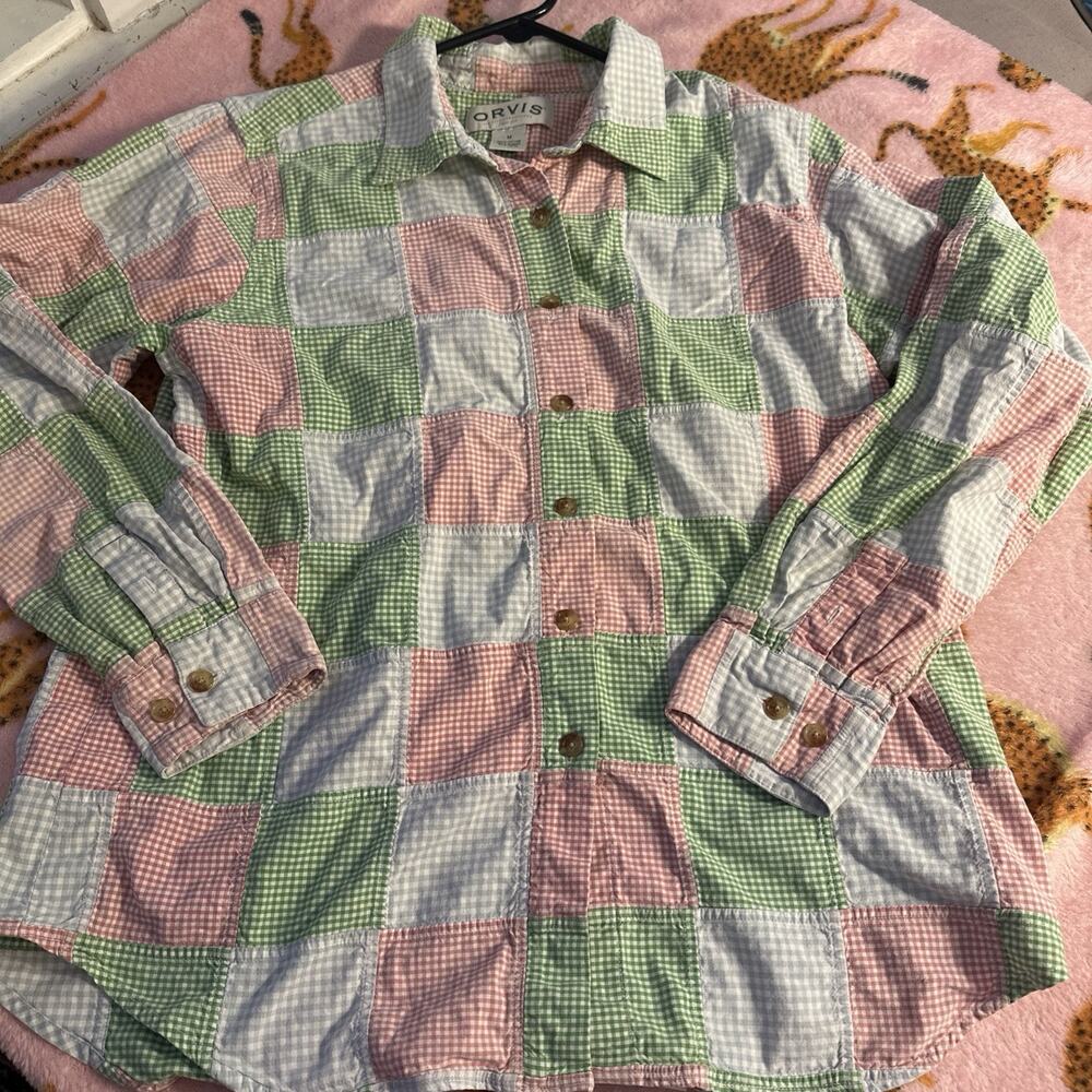 Orvis Women's Pastel Plaid Patchwork Button-Up Shirt Size Medium Long Sleeve